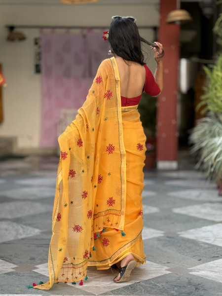 YELLOW  KOTA COTTON HAND EMBROIDERED SARI
