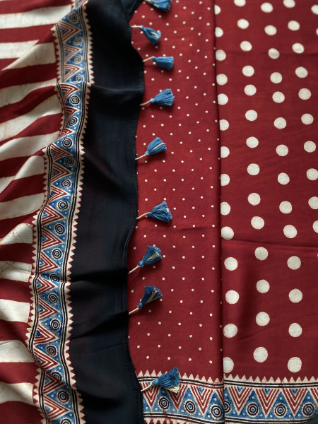 RED-OFF WHITE MODAL SILK AJRAKH BLOCK PRINT SARI