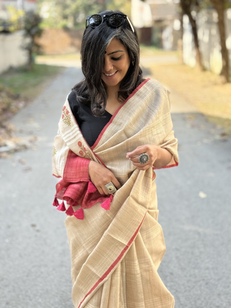 BEIGE-RED HAND BLOCK PRINT TUSSAR SILK SARI