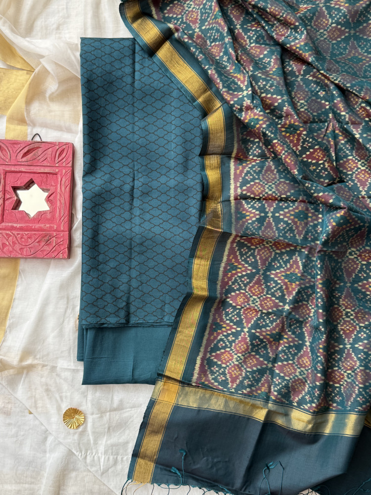 Image of PEACOCK BLUE POCHAMPALLI IKKAT PURE SILK dupatta Set