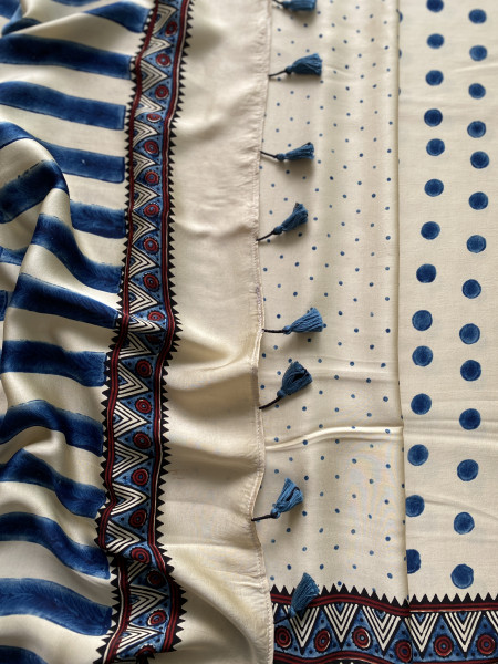 IVORY-INDIGO MODAL SILK AJRAKH BLOCK PRINT SARI