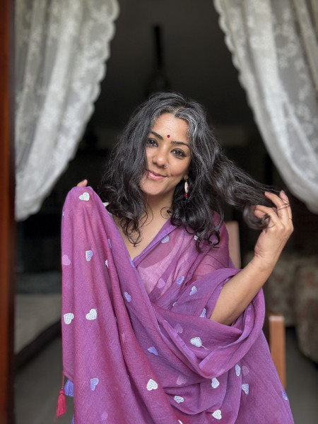 MAUVE COTTON MULMUL EMBROIDERED SARI