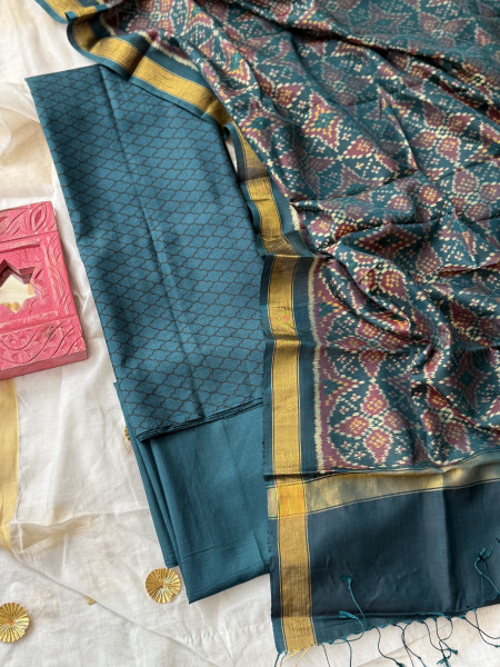 PEACOCK BLUE POCHAMPALLI IKKAT PURE SILK dupatta Set