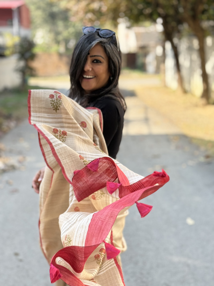 Image of BEIGE-RED HAND BLOCK PRINT TUSSAR SILK SARI