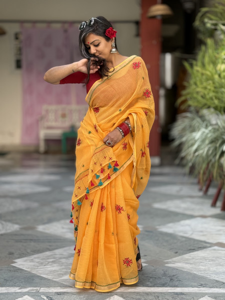 YELLOW  KOTA COTTON HAND EMBROIDERED SARI