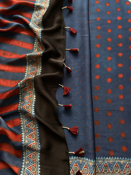 INDIGO-MAROON MODAL SILK AJRAKH BLOCK PRINT SARI