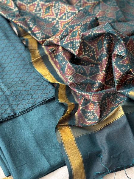 PEACOCK BLUE POCHAMPALLI IKKAT PURE SILK dupatta Set