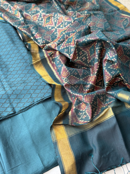 PEACOCK BLUE POCHAMPALLI IKKAT PURE SILK dupatta Set