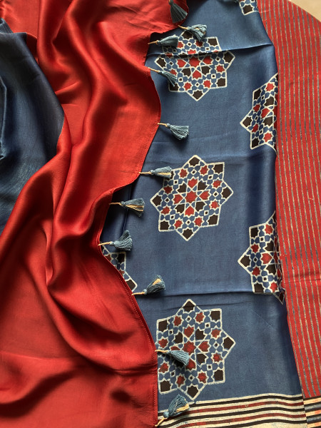 MAROON-INDIGO MODAL SILK AJRAKH BLOCK PRINT SARI