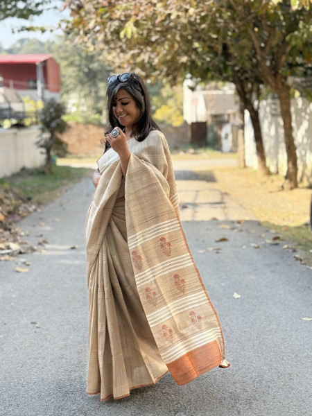 BEIGE-RUST HAND BLOCK PRINT TUSSAR SILK SARI