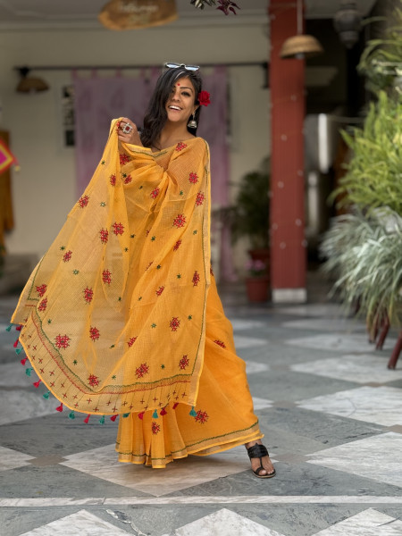 YELLOW  KOTA COTTON HAND EMBROIDERED SARI