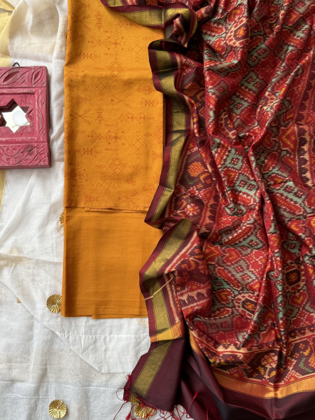 MUSTARD-MAROON POCHAMPALLI IKKAT PURE SILK dupatta Set
