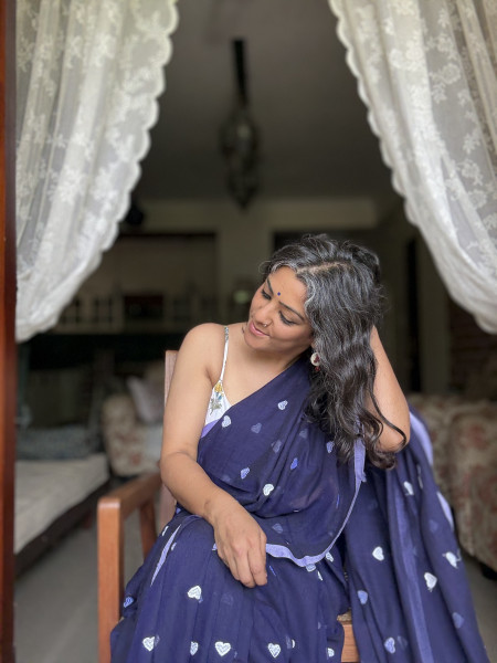 NAVY BLUE COTTON MULMUL EMBROIDERED SARI