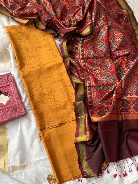 MUSTARD-MAROON POCHAMPALLI IKKAT PURE SILK dupatta Set
