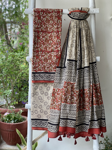 MAROON-BEIGE HAND BLOCK PRINT MUL COTTON DUPATTA SET