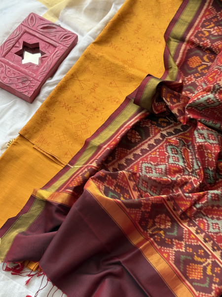 MUSTARD-MAROON POCHAMPALLI IKKAT PURE SILK dupatta Set