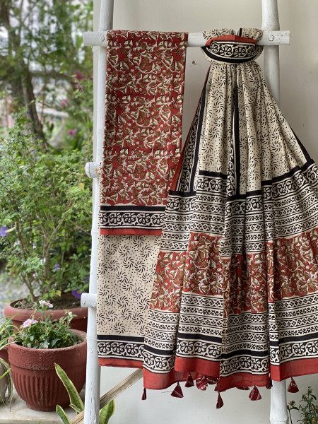 MAROON-BEIGE HAND BLOCK PRINT MUL COTTON DUPATTA SET