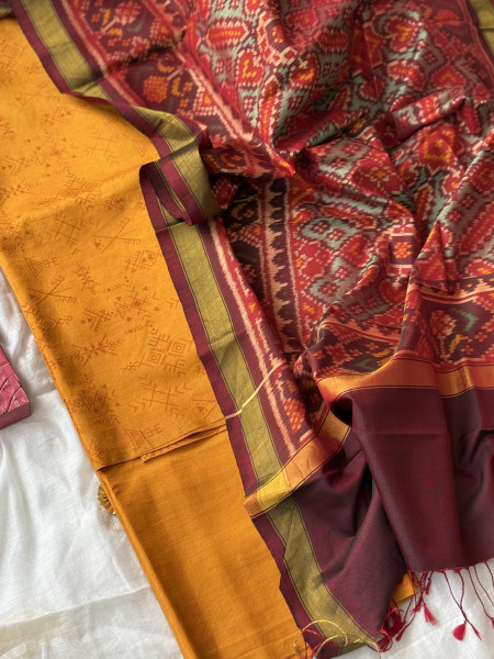 MUSTARD-MAROON POCHAMPALLI IKKAT PURE SILK dupatta Set