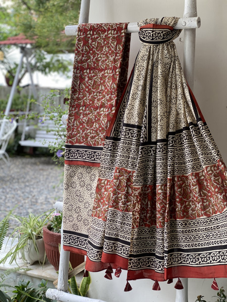 MAROON-BEIGE HAND BLOCK PRINT MUL COTTON DUPATTA SET