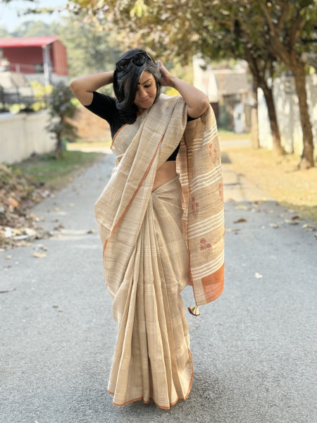 BEIGE-RUST HAND BLOCK PRINT TUSSAR SILK SARI