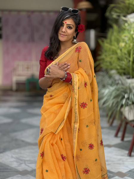 YELLOW  KOTA COTTON HAND EMBROIDERED SARI