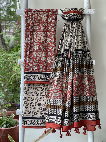 MAROON-BEIGE HAND BLOCK PRINT MUL COTTON DUPATTA SET