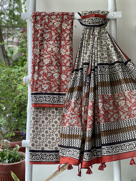 MAROON-BEIGE HAND BLOCK PRINT MUL COTTON DUPATTA SET