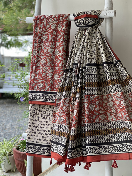 MAROON-BEIGE HAND BLOCK PRINT MUL COTTON DUPATTA SET