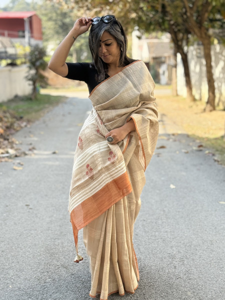 BEIGE-RUST HAND BLOCK PRINT TUSSAR SILK SARI