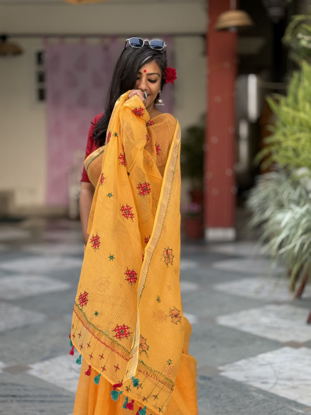 YELLOW  KOTA COTTON HAND EMBROIDERED SARI