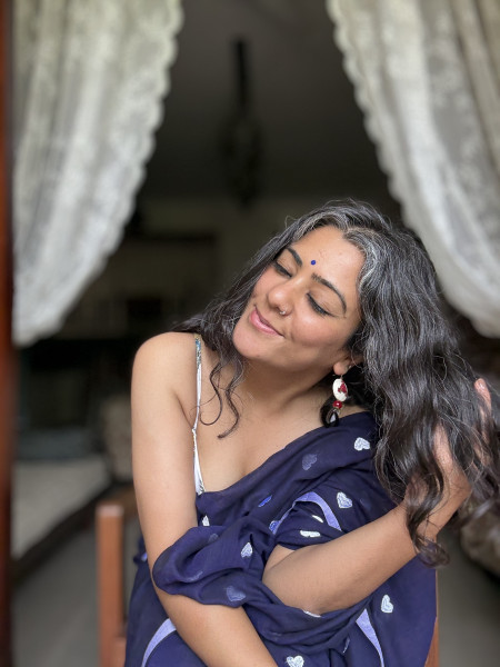 NAVY BLUE COTTON MULMUL EMBROIDERED SARI