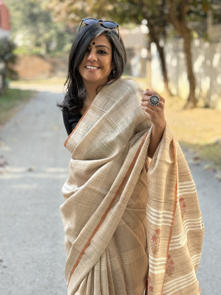 BEIGE-RUST HAND BLOCK PRINT TUSSAR SILK SARI