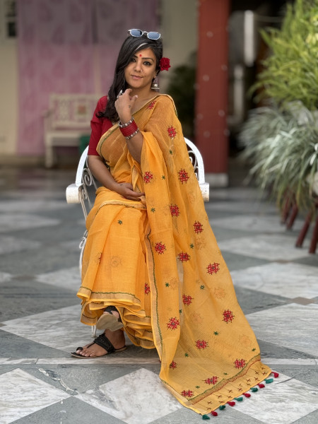 YELLOW  KOTA COTTON HAND EMBROIDERED SARI