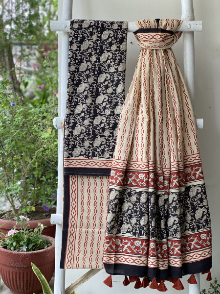 BLACK-BEIGE HAND BLOCK PRINT MUL COTTON DUPATTA SET
