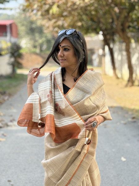 BEIGE-RUST HAND BLOCK PRINT TUSSAR SILK SARI