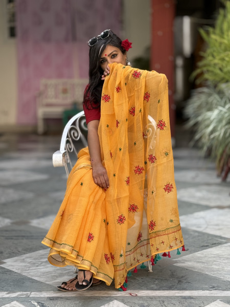 YELLOW  KOTA COTTON HAND EMBROIDERED SARI