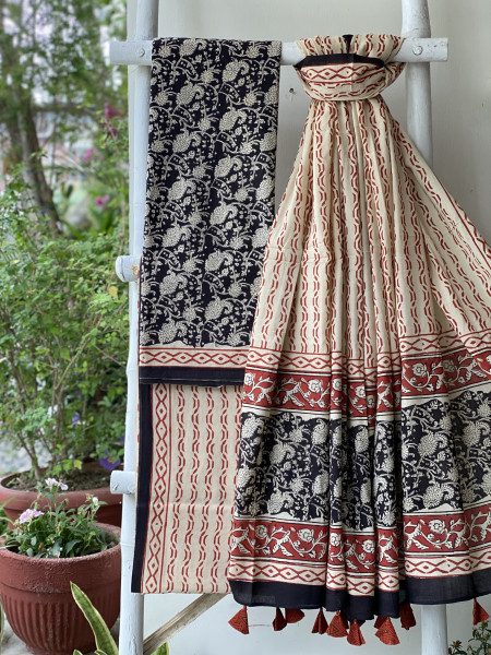 BLACK-BEIGE HAND BLOCK PRINT MUL COTTON DUPATTA SET