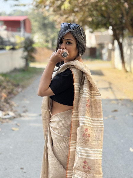 BEIGE-RUST HAND BLOCK PRINT TUSSAR SILK SARI