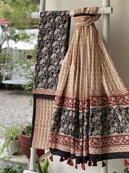 BLACK-BEIGE HAND BLOCK PRINT MUL COTTON DUPATTA SET