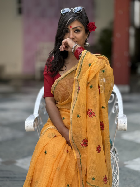 YELLOW  KOTA COTTON HAND EMBROIDERED SARI