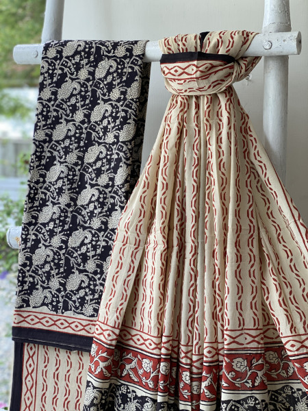 BLACK-BEIGE HAND BLOCK PRINT MUL COTTON DUPATTA SET