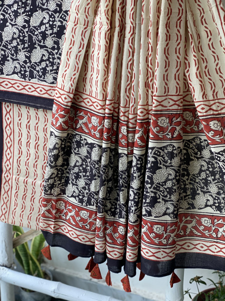 BLACK-BEIGE HAND BLOCK PRINT MUL COTTON DUPATTA SET