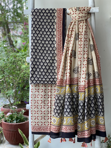 BLACK-BEIGE HAND BLOCK PRINT MUL COTTON DUPATTA SET