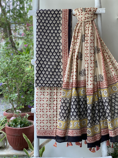BLACK-BEIGE HAND BLOCK PRINT MUL COTTON DUPATTA SET