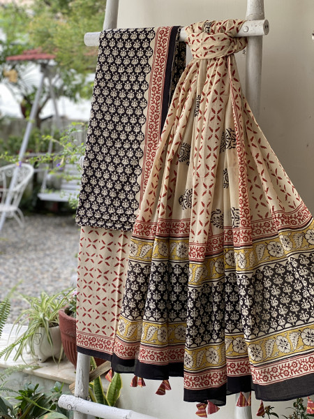 BLACK-BEIGE HAND BLOCK PRINT MUL COTTON DUPATTA SET