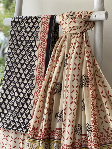 BLACK-BEIGE HAND BLOCK PRINT MUL COTTON DUPATTA SET