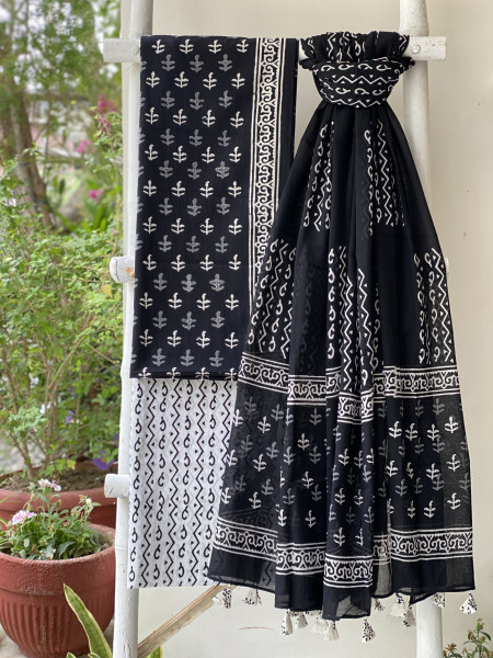 BLACK-WHITE HAND BLOCK PRINT MUL COTTON DUPATTA SET