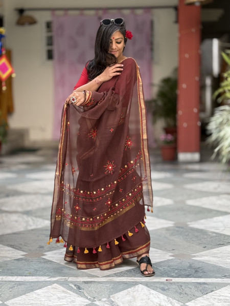 BROWN KOTA COTTON HAND EMBROIDERED SARI