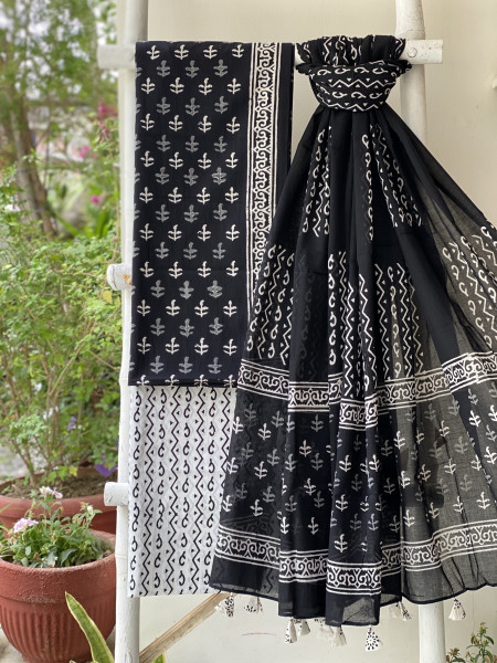BLACK-WHITE HAND BLOCK PRINT MUL COTTON DUPATTA SET