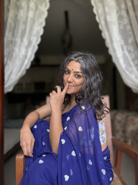 ROYAL BLUE COTTON MULMUL EMBROIDERED SARI